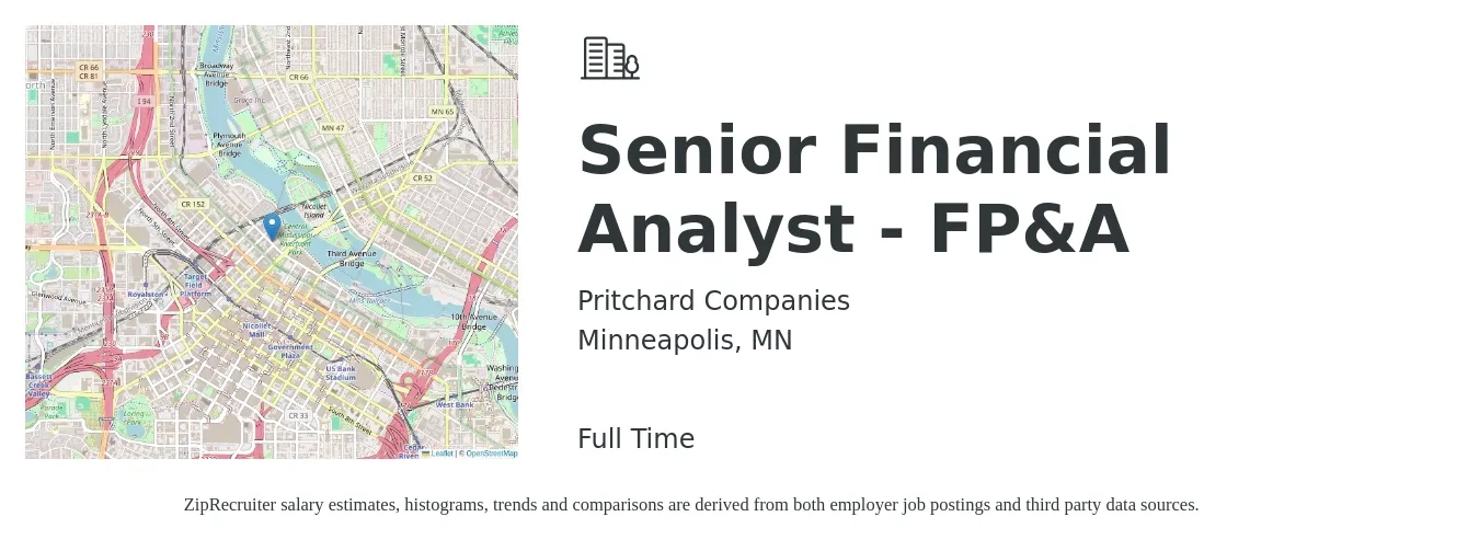 Pritchard Companies job posting for a Senior Financial Analyst - FP&A in Minneapolis, MN with a salary of $89,200 to $111,200 Yearly with a map of Minneapolis location.
