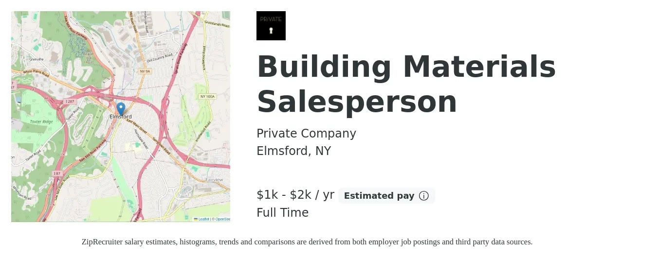 Private Company job posting for a Building Materials Salesperson in Elmsford, NY with a salary of $1,000 to $2,000 Yearly (plus commission) with a map of Elmsford location.