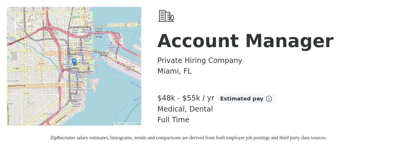 Private Hiring Company job posting for a Account Manager in Miami, FL with a salary of $48,000 to $55,000 Yearly and benefits including dental, life_insurance, medical, and retirement with a map of Miami location.