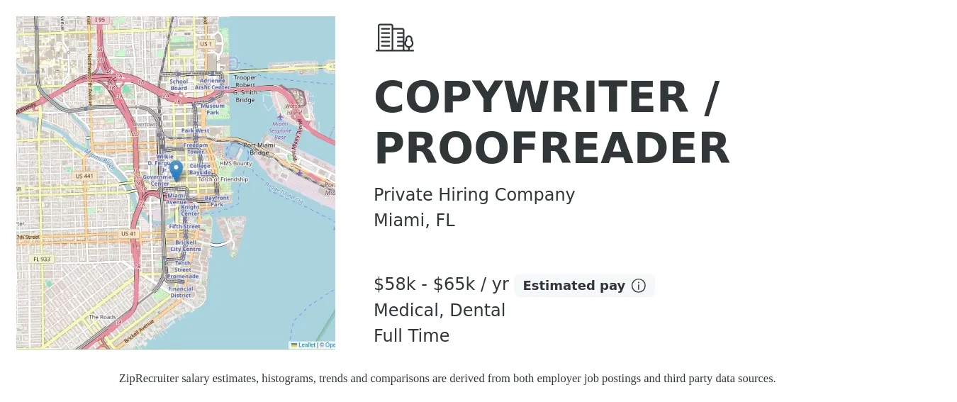 Private Hiring Company job posting for a COPYWRITER / PROOFREADER in Miami, FL with a salary of $58,000 to $65,000 Yearly and benefits including pto, retirement, dental, life_insurance, and medical with a map of Miami location.