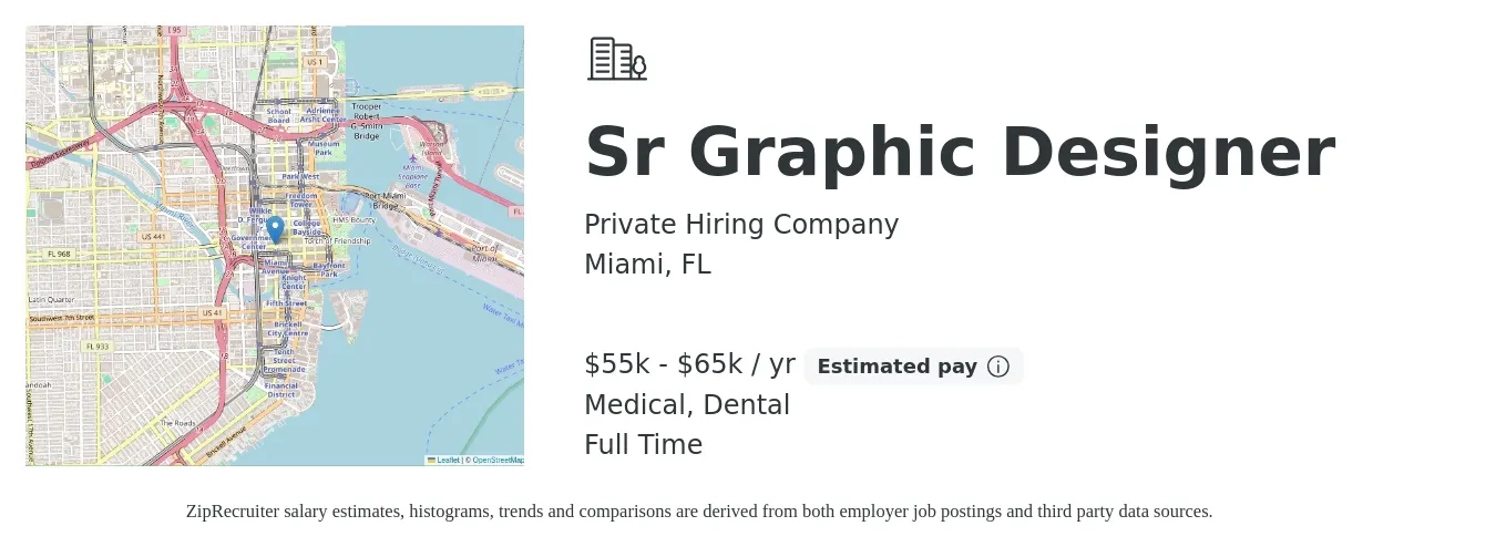 Private Hiring Company job posting for a Sr Graphic Designer in Miami, FL with a salary of $55,000 to $65,000 Yearly and benefits including dental, life_insurance, medical, and retirement with a map of Miami location.