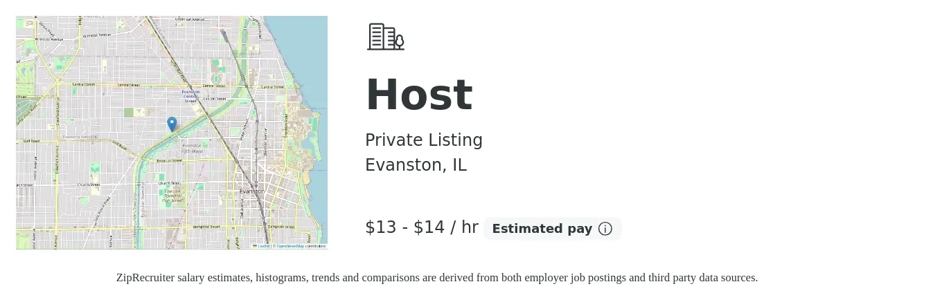 Private Listing job posting for a Host in Evanston, IL with a salary of $14 to $16 Hourly with a map of Evanston location.