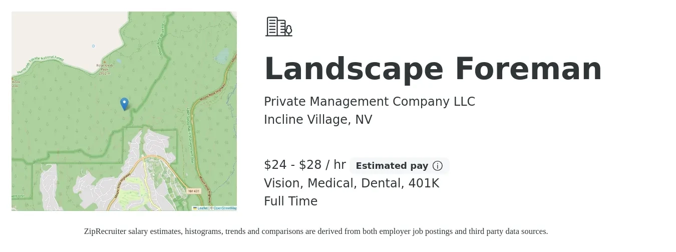 Private Management Company LLC job posting for a Landscape Foreman in Incline Village, NV with a salary of $25 to $30 Hourly and benefits including life_insurance, medical, vision, 401k, and dental with a map of Incline Village location.