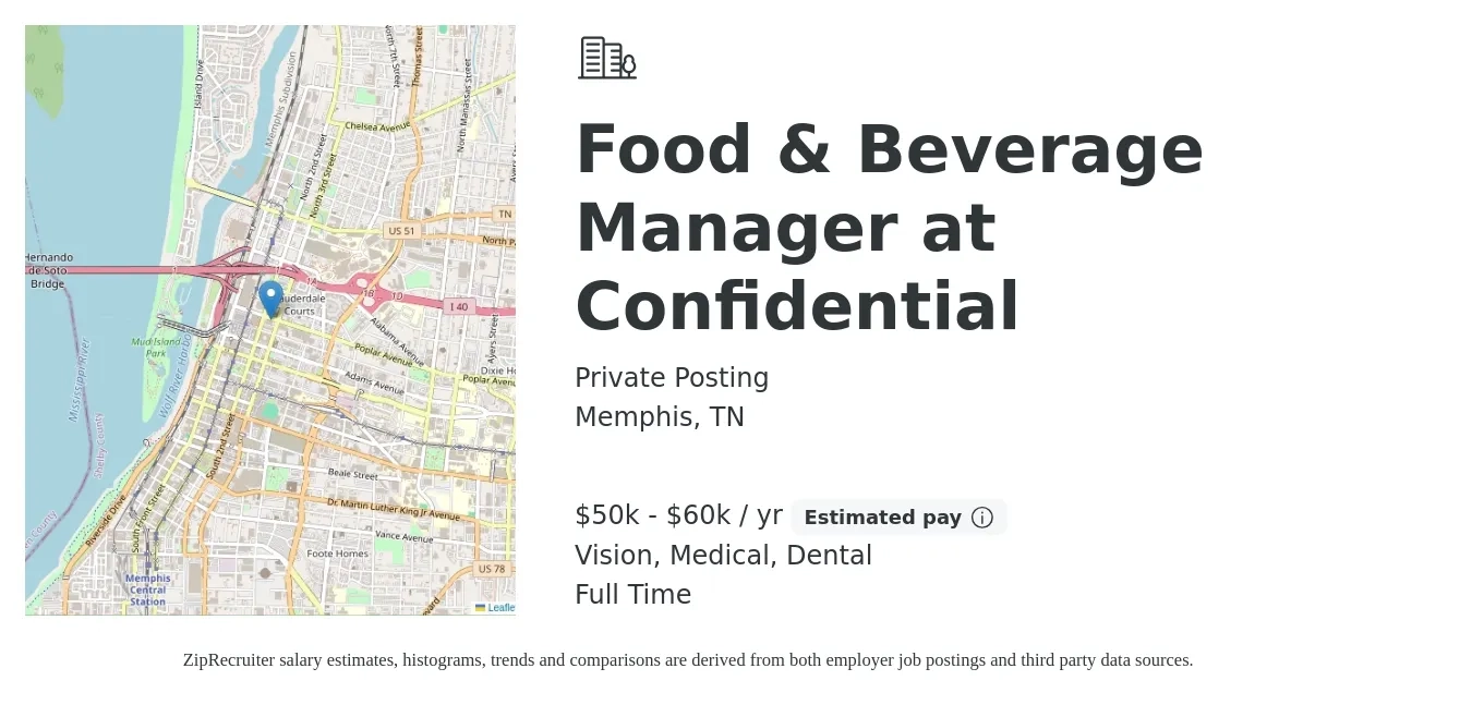 Private Posting job posting for a Food & Beverage Manager at Confidential in Memphis, TN with a salary of $50,000 to $60,000 Yearly and benefits including vision, dental, and medical with a map of Memphis location.