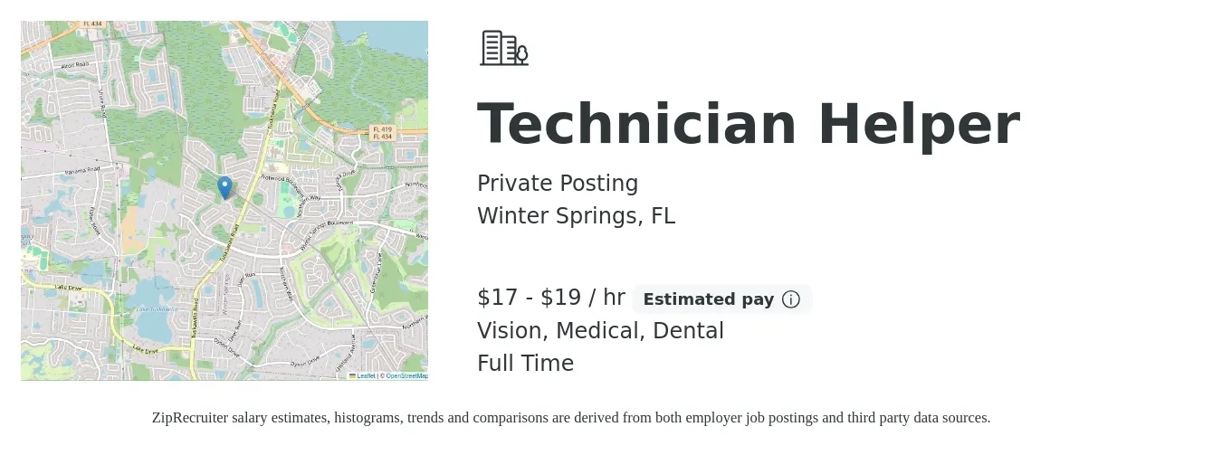 Private Posting job posting for a Technician Helper in Winter Springs, FL with a salary of $18 to $20 Hourly and benefits including medical, retirement, vision, and dental with a map of Winter Springs location.