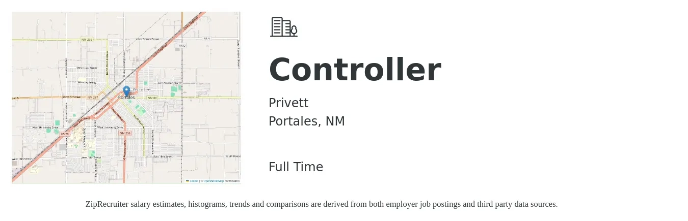 Privett job posting for a Controller in Portales, NM with a salary of $83,000 to $118,600 Yearly with a map of Portales location.