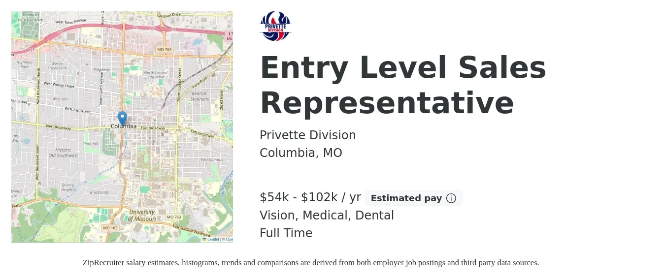 Privette Division job posting for a Entry Level Sales Representative in Columbia, MO with a salary of $54,000 to $102,000 Yearly and benefits including dental, life_insurance, medical, and vision with a map of Columbia location.