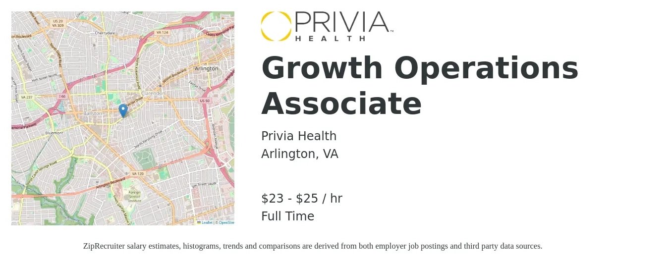 Privia Health job posting for a Growth Operations Associate in Arlington, VA with a salary of $24 to $26 Hourly with a map of Arlington location.