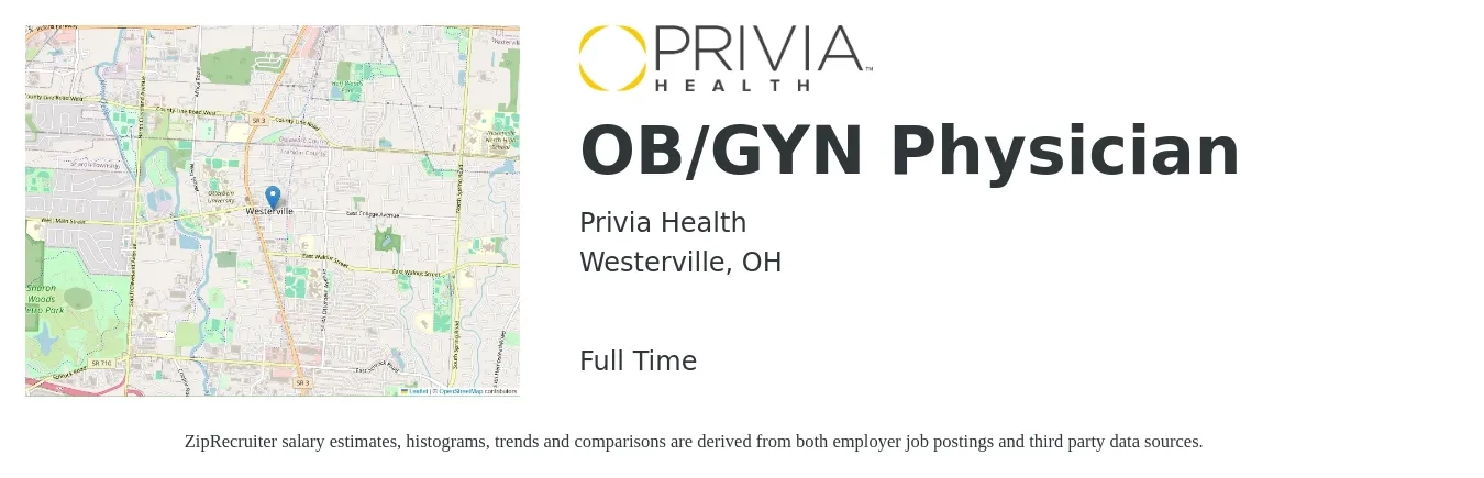 Privia Health job posting for a OB/GYN Physician in Westerville, OH with a salary of $240,900 to $260,200 Yearly with a map of Westerville location.