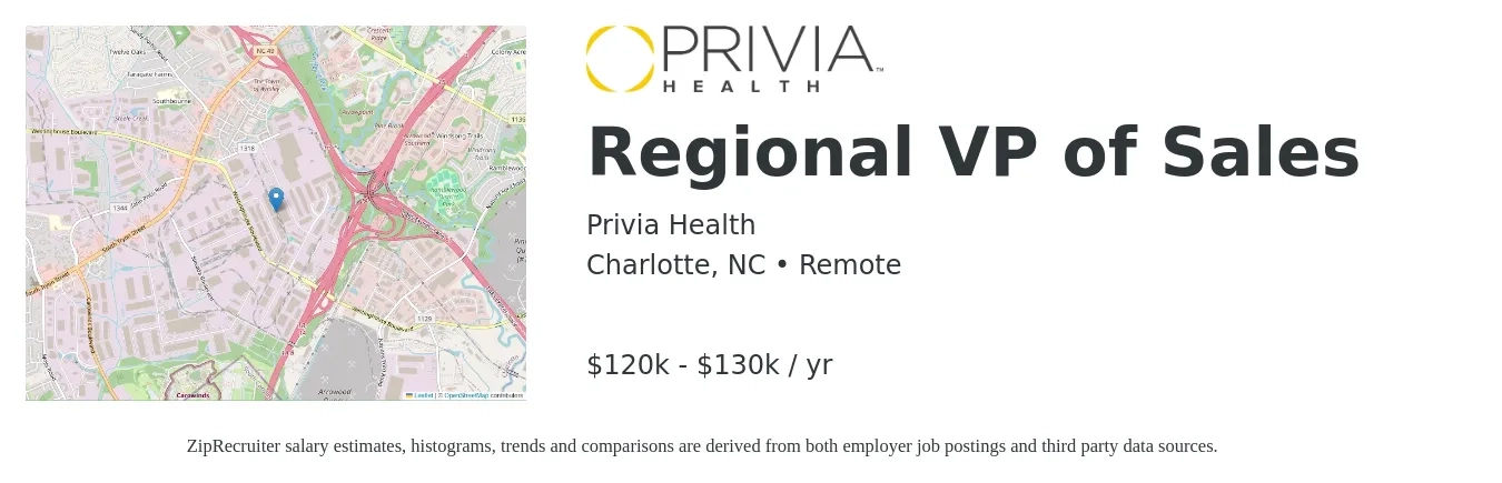 Privia Health job posting for a Regional VP of Sales in Charlotte, NC with a salary of $120,000 to $130,000 Yearly with a map of Charlotte location.