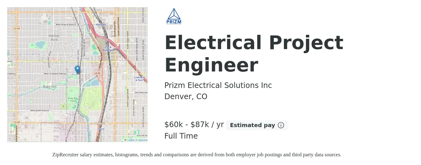 Prizm Electrical Solutions Inc job posting for a Electrical Project Engineer in Denver, CO with a salary of $60,000 to $87,500 Yearly with a map of Denver location.