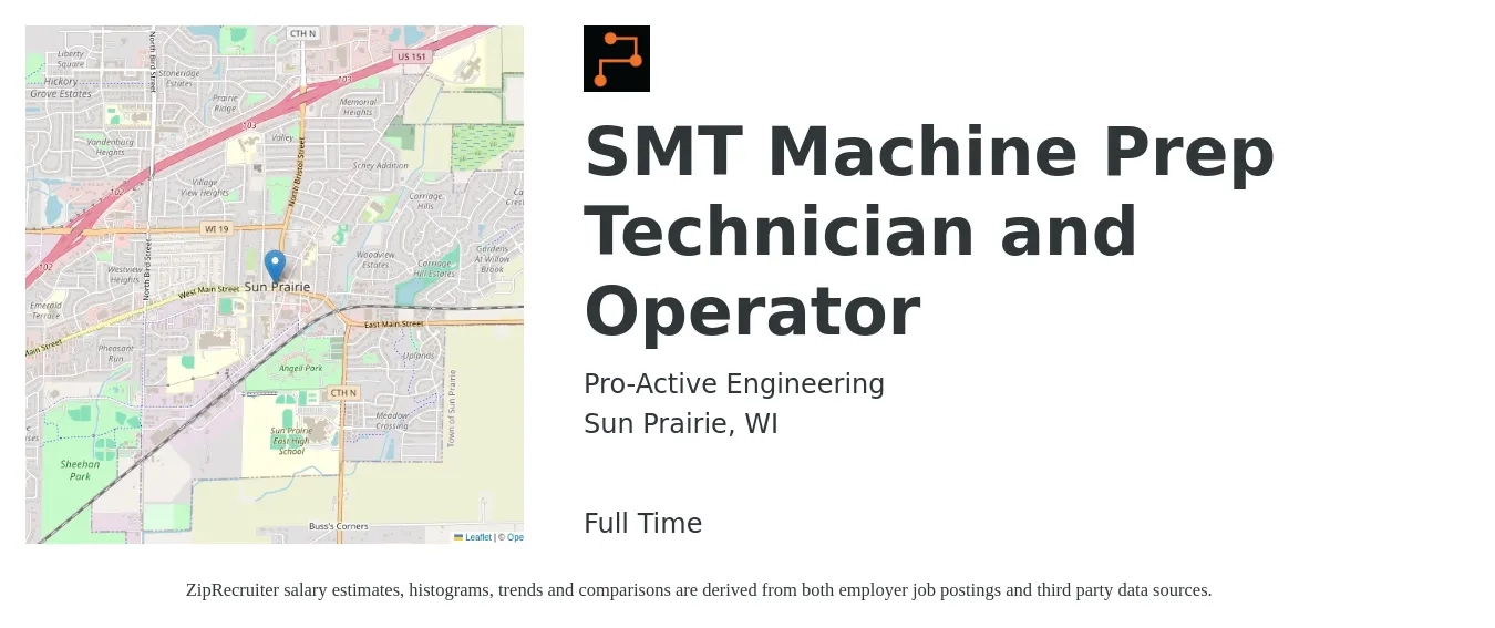 Pro-Active Engineering job posting for a SMT Machine Prep Technician and Operator in Sun Prairie, WI with a salary of $17 to $21 Hourly with a map of Sun Prairie location.
