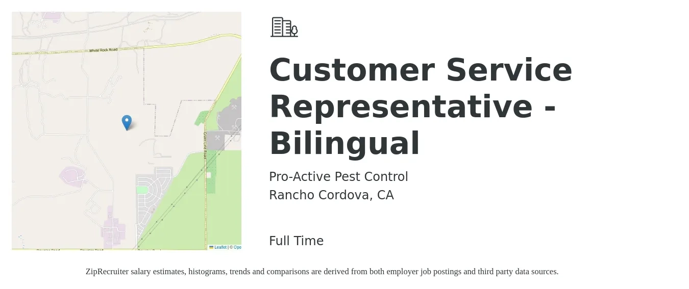 Pro-Active Pest Control job posting for a Customer Service Representative - Bilingual in Rancho Cordova, CA with a salary of $16 to $20 Hourly with a map of Rancho Cordova location.
