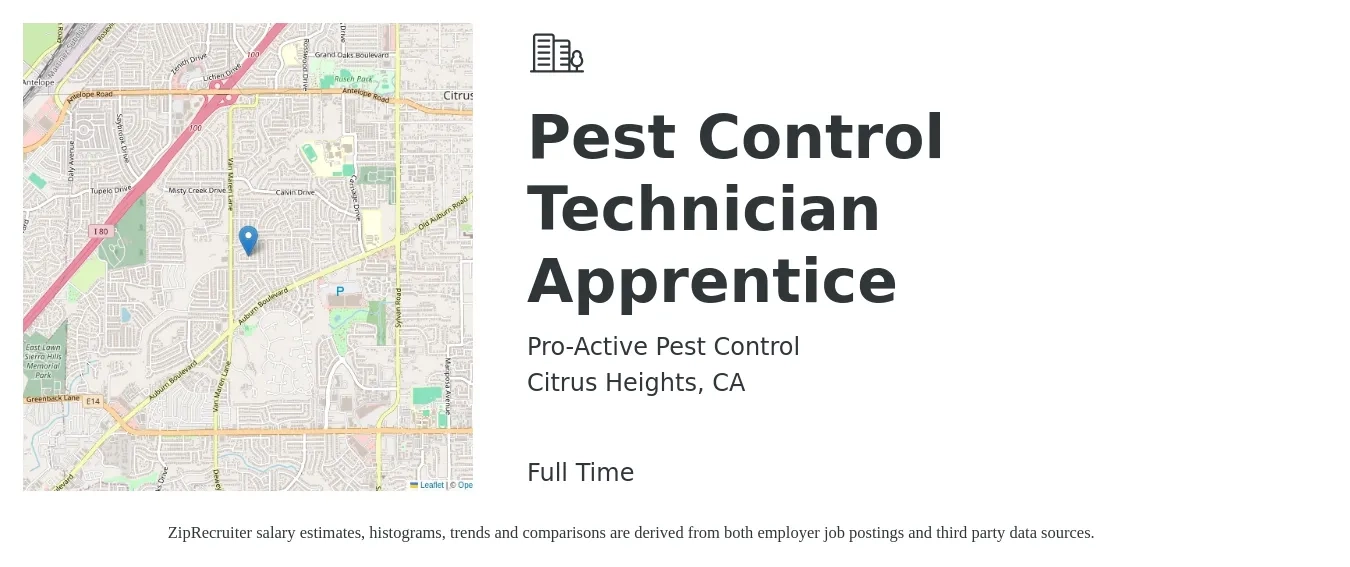 Pro-Active Pest Control job posting for a Pest Control Technician Apprentice in Citrus Heights, CA with a salary of $19 to $25 Hourly with a map of Citrus Heights location.