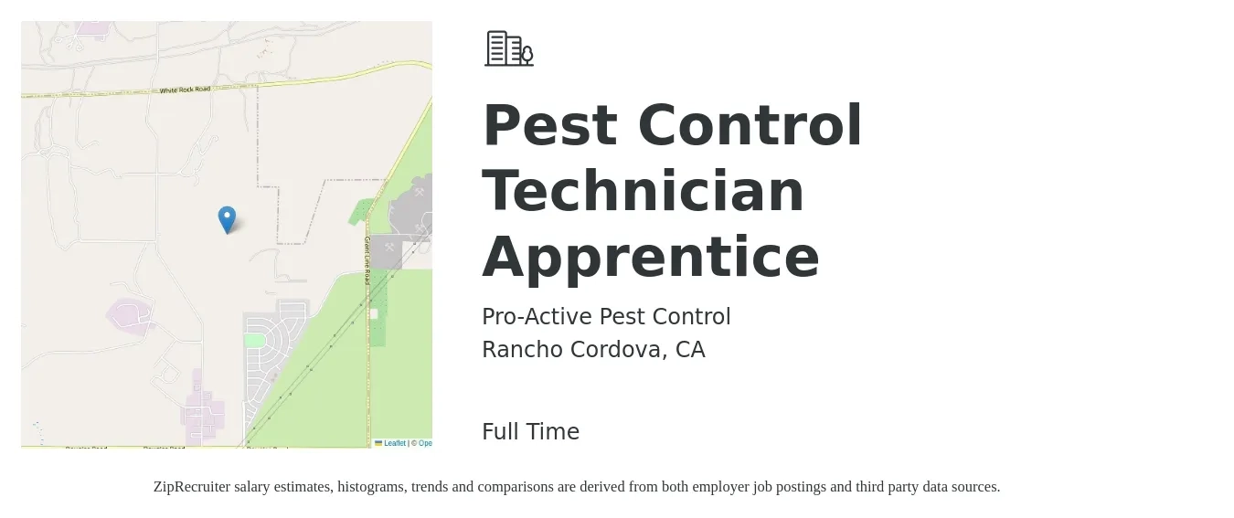 Pro-Active Pest Control job posting for a Pest Control Technician Apprentice in Rancho Cordova, CA with a salary of $20 to $25 Hourly with a map of Rancho Cordova location.
