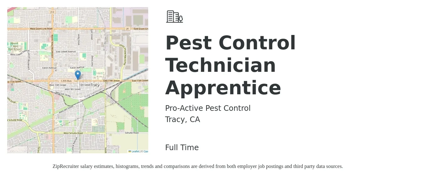 Pro-Active Pest Control job posting for a Pest Control Technician Apprentice in Tracy, CA with a salary of $20 to $26 Hourly with a map of Tracy location.