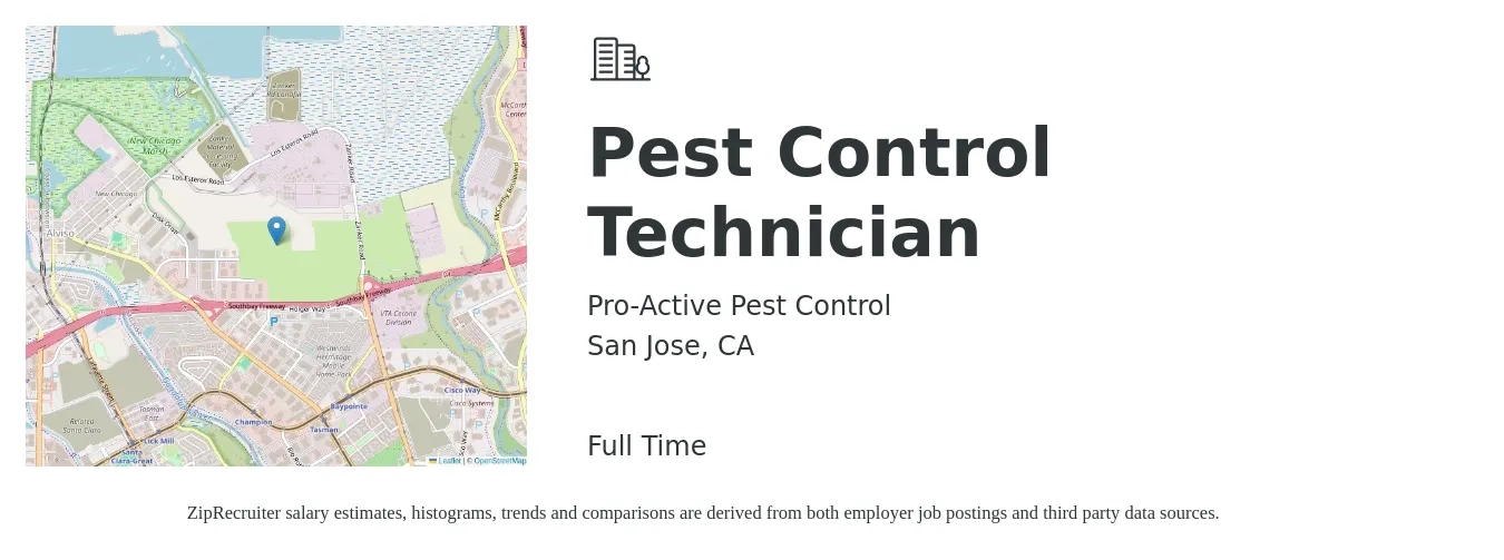 Pro-Active Pest Control job posting for a Pest Control Technician in San Jose, CA with a salary of $22 to $28 Hourly with a map of San Jose location.