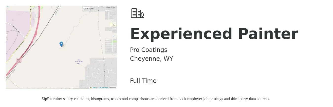 Pro Coatings job posting for a Experienced Painter in Cheyenne, WY with a salary of $17 to $23 Hourly with a map of Cheyenne location.