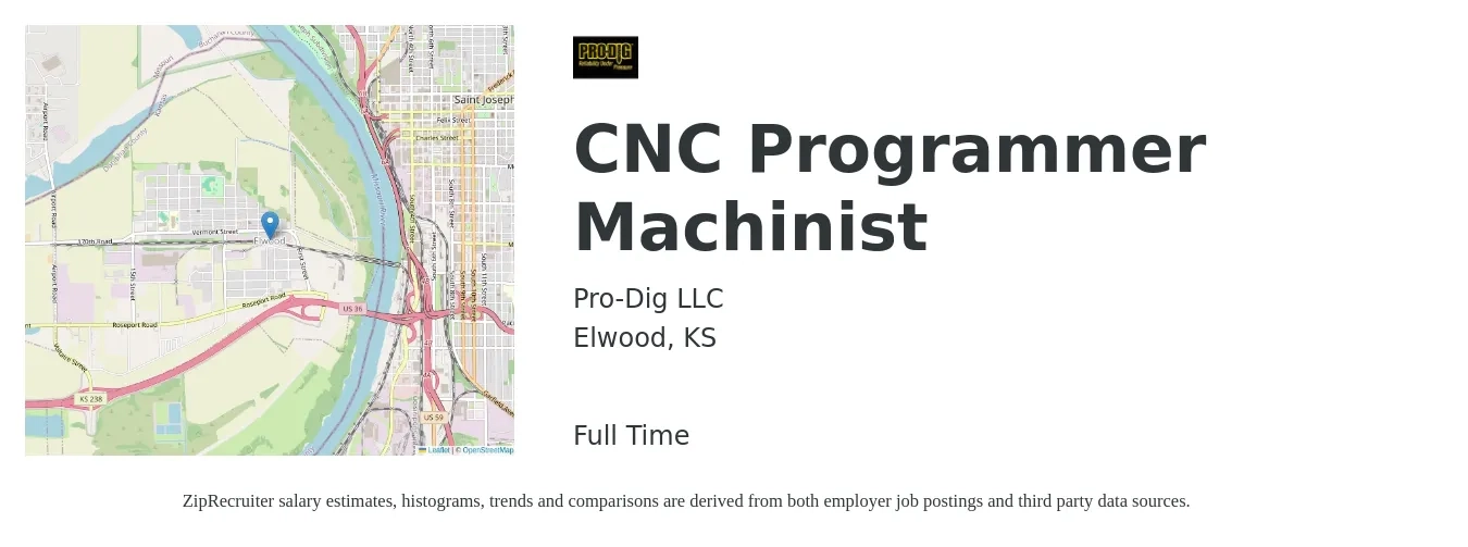 Pro-Dig LLC job posting for a CNC Programmer Machinist in Elwood, KS with a salary of $26 to $35 Hourly with a map of Elwood location.