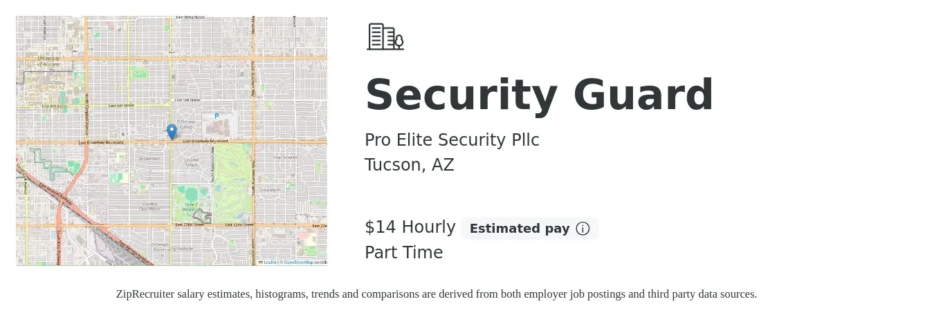Pro Elite Security Pllc job posting for a Security Guard in Tucson, AZ with a salary of $15 Hourly with a map of Tucson location.
