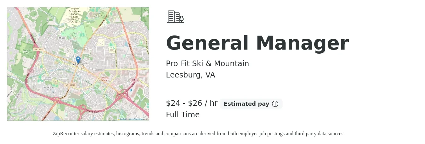 Pro-Fit Ski & Mountain job posting for a General Manager in Leesburg, VA with a salary of $25 to $28 Hourly with a map of Leesburg location.