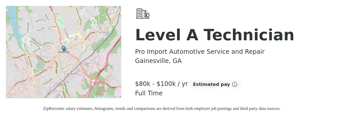 Pro Import Automotive Service and Repair job posting for a Level A Technician in Gainesville, GA with a salary of $80,000 to $100,000 Yearly with a map of Gainesville location.