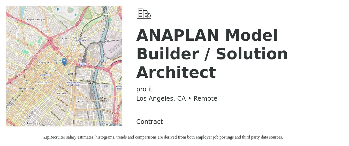 pro it job posting for a ANAPLAN Model Builder / Solution Architect in Los Angeles, CA with a salary of $68 to $90 Hourly with a map of Los Angeles location.