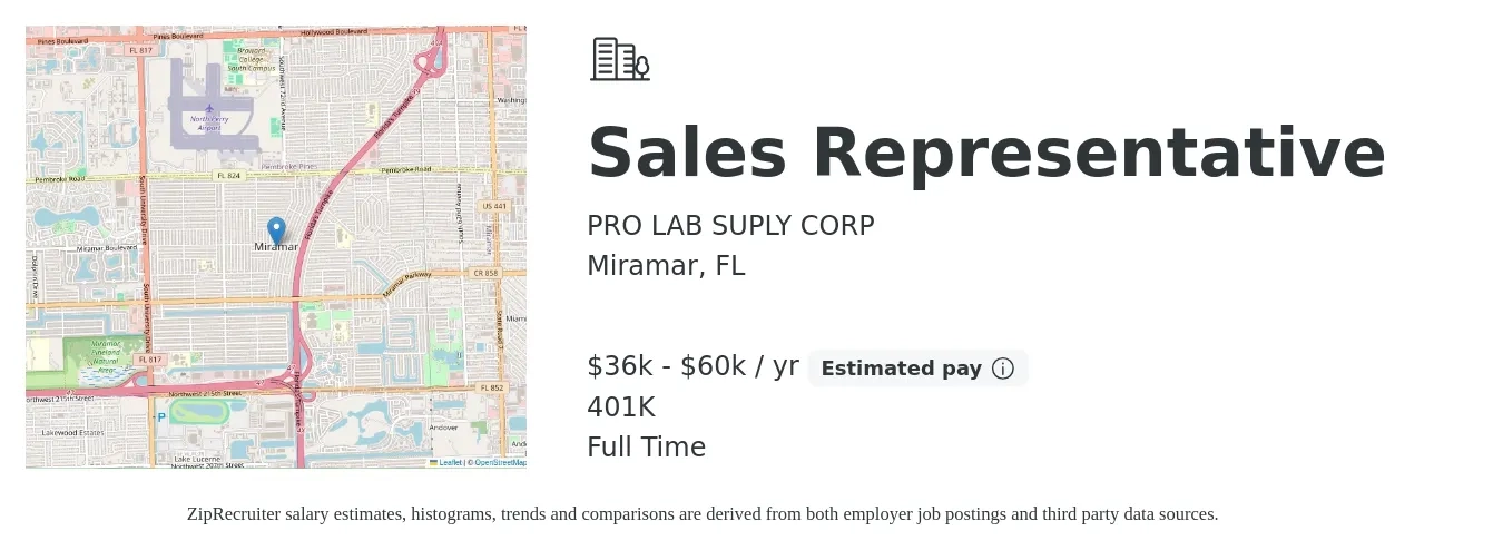 PRO LAB SUPLY CORP job posting for a Sales Representative in Miramar, FL with a salary of $36,000 to $60,000 Yearly and benefits including 401k with a map of Miramar location.