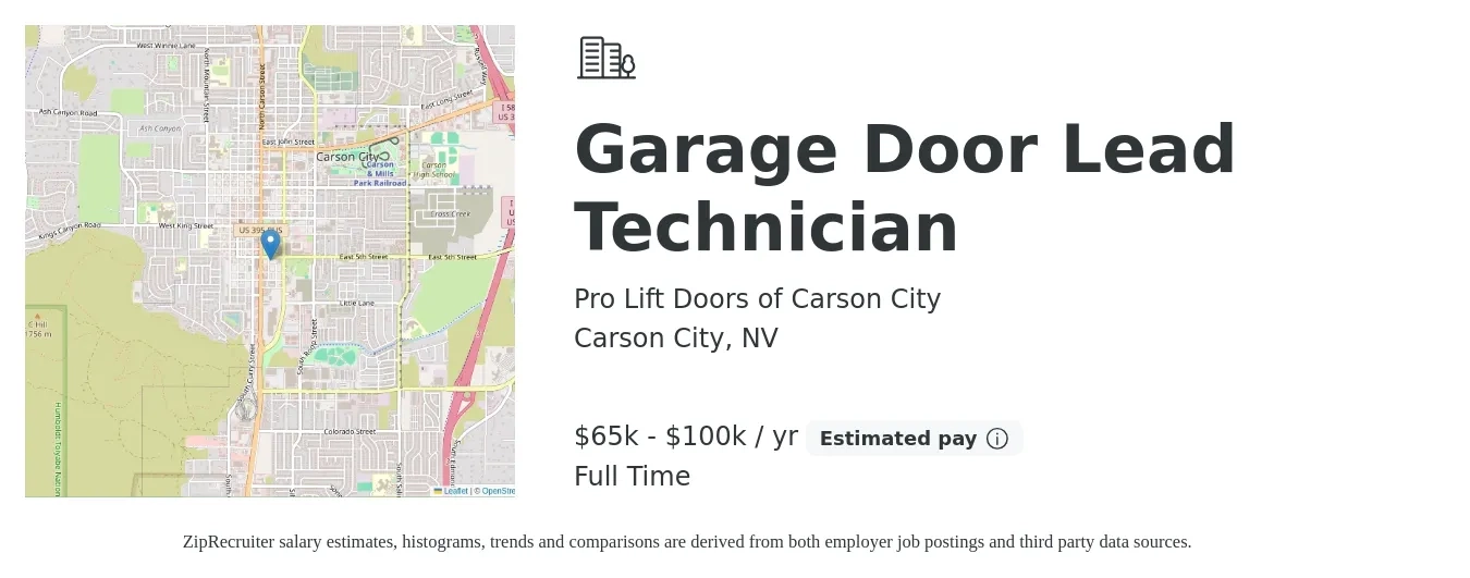 Pro Lift Doors of Carson City job posting for a Garage Door Lead Technician in Carson City, NV with a salary of $65,000 to $100,000 Yearly with a map of Carson City location.