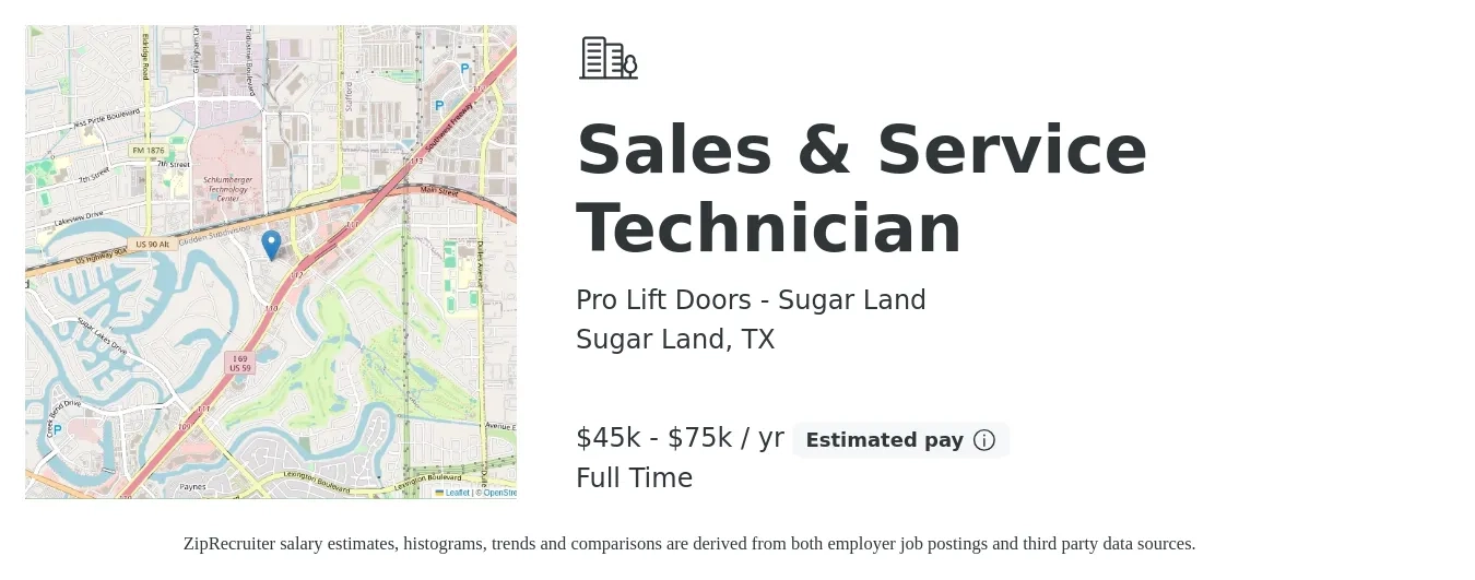 Pro Lift Doors - Sugar Land job posting for a Sales & Service Technician in Sugar Land, TX with a salary of $45,000 to $75,000 Yearly with a map of Sugar Land location.