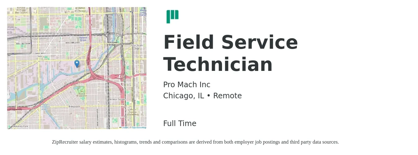 Pro Mach Inc job posting for a Field Service Technician in Chicago, IL with a salary of $20 to $31 Hourly with a map of Chicago location.