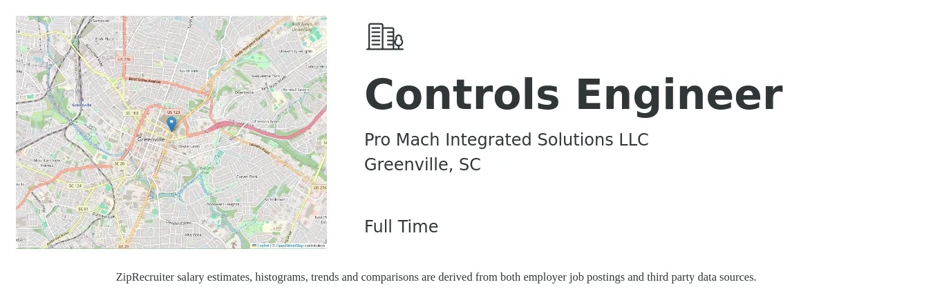 Pro Mach Integrated Solutions LLC job posting for a Controls Engineer in Greenville, SC with a salary of $78,500 to $101,600 Yearly with a map of Greenville location.