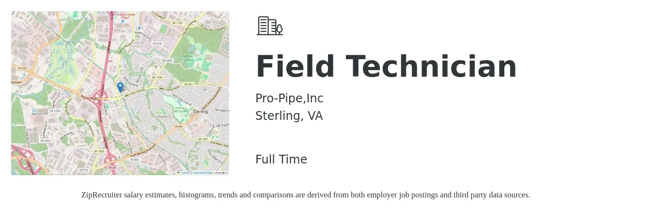 Pro-Pipe,Inc job posting for a Field Technician in Sterling, VA with a salary of $20 to $27 Hourly with a map of Sterling location.