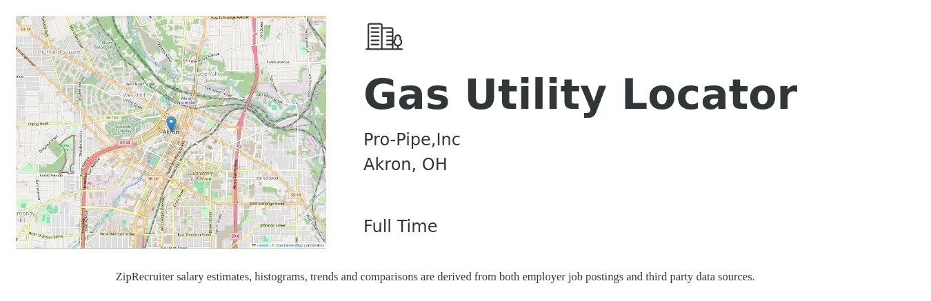 Pro-Pipe,Inc job posting for a Gas Utility Locator in Akron, OH with a salary of $15 to $19 Hourly with a map of Akron location.