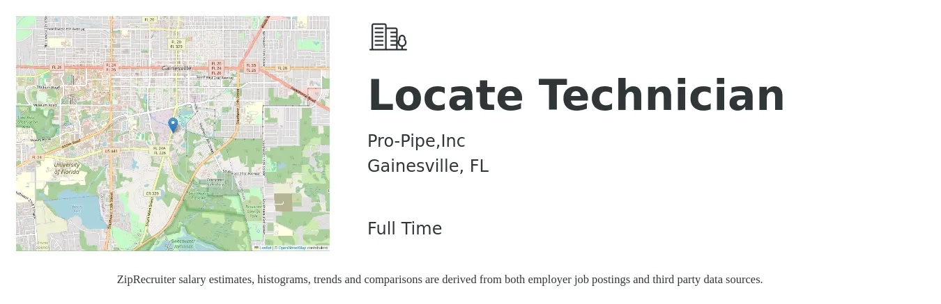 Pro-Pipe,Inc job posting for a Locate Technician in Gainesville, FL with a salary of $17 to $20 Hourly with a map of Gainesville location.