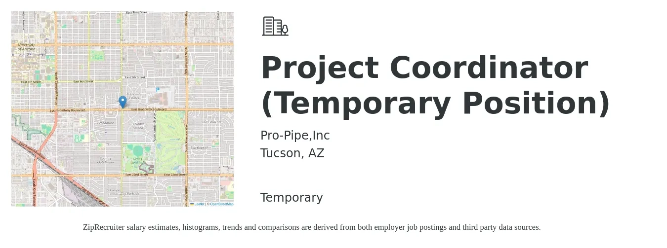 Pro-Pipe,Inc job posting for a Project Coordinator (Temporary Position) in Tucson, AZ with a salary of $21 to $31 Hourly with a map of Tucson location.
