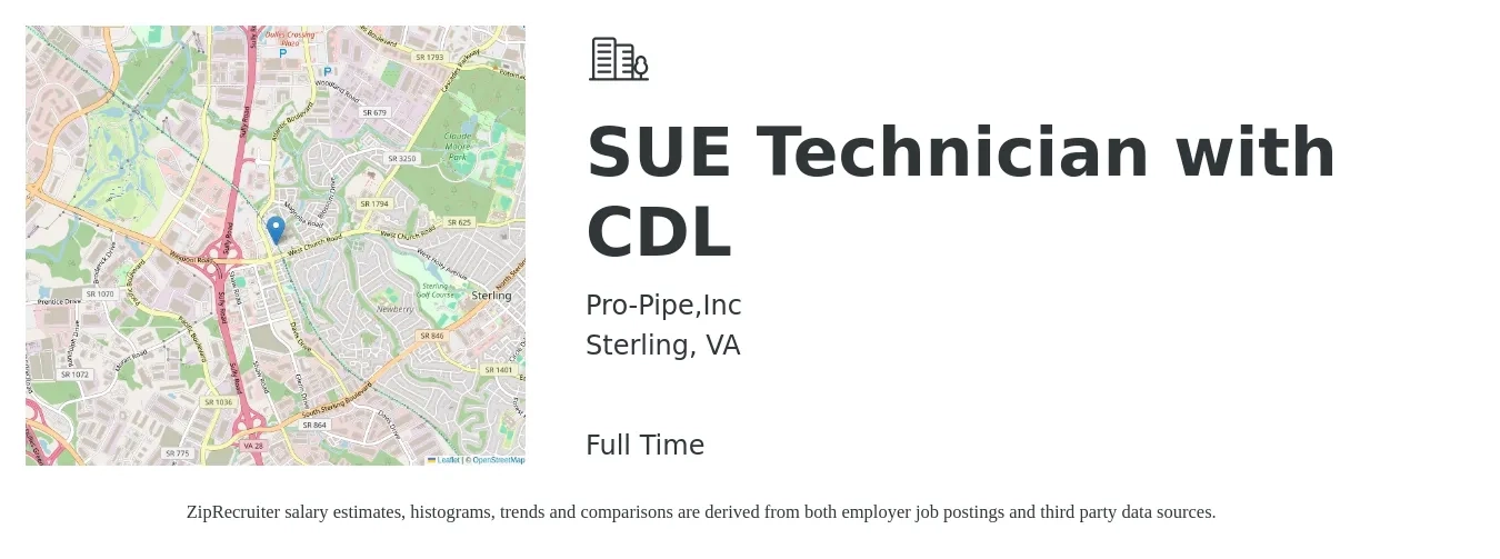 Pro-Pipe,Inc job posting for a SUE Technician with CDL in Sterling, VA with a salary of $20 to $27 Hourly with a map of Sterling location.