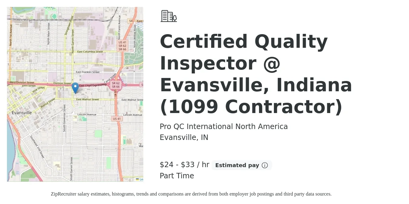Pro QC International North America job posting for a Certified Quality Inspector @ Evansville, Indiana (1099 Contractor) in Evansville, IN with a salary of $25 to $35 Hourly with a map of Evansville location.