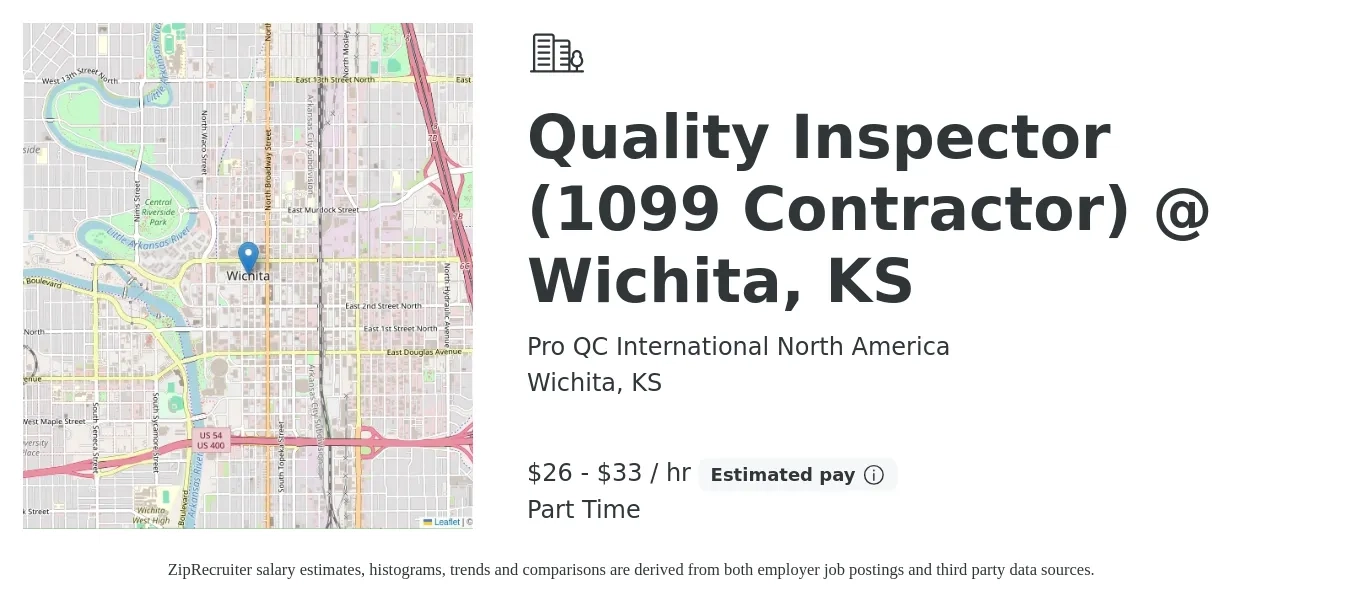 Pro QC International North America job posting for a Quality Inspector (1099 Contractor) @ Wichita, KS in Wichita, KS with a salary of $28 to $35 Hourly with a map of Wichita location.