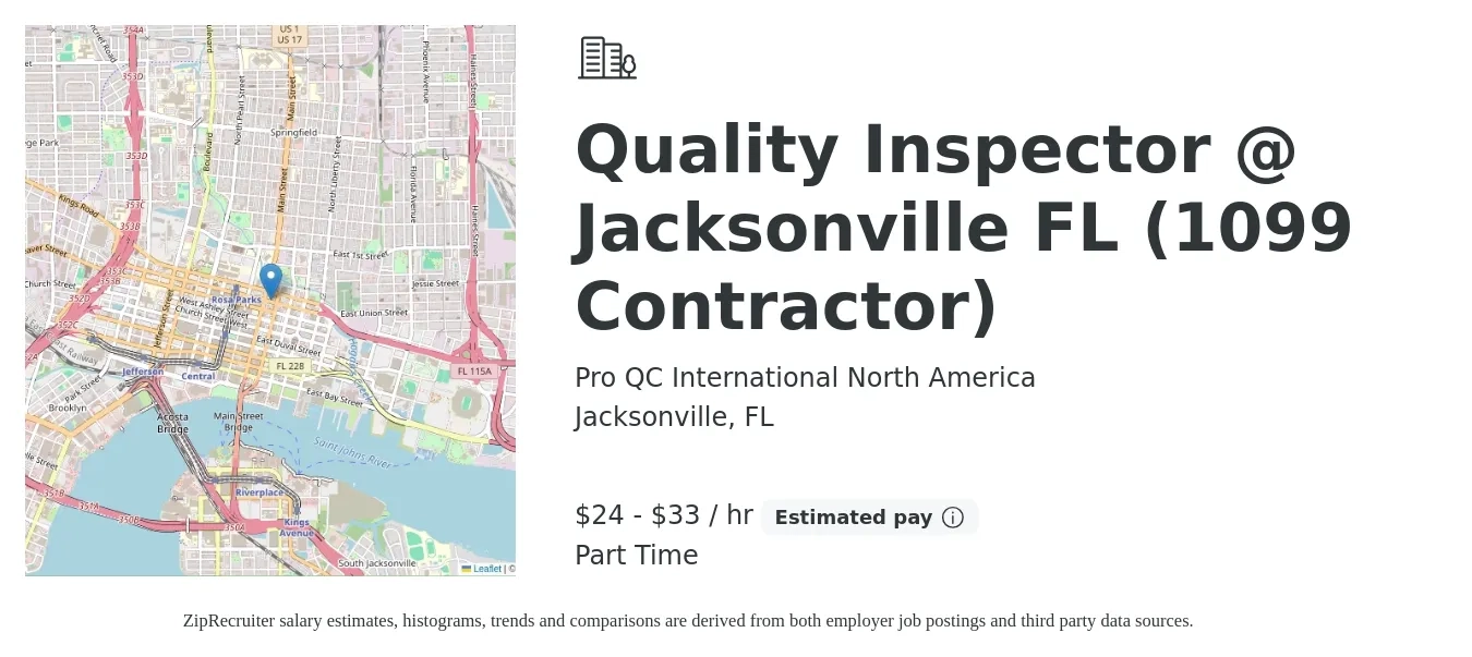Pro QC International North America job posting for a Quality Inspector @ Jacksonville FL (1099 Contractor) in Jacksonville, FL with a salary of $25 to $35 Hourly with a map of Jacksonville location.