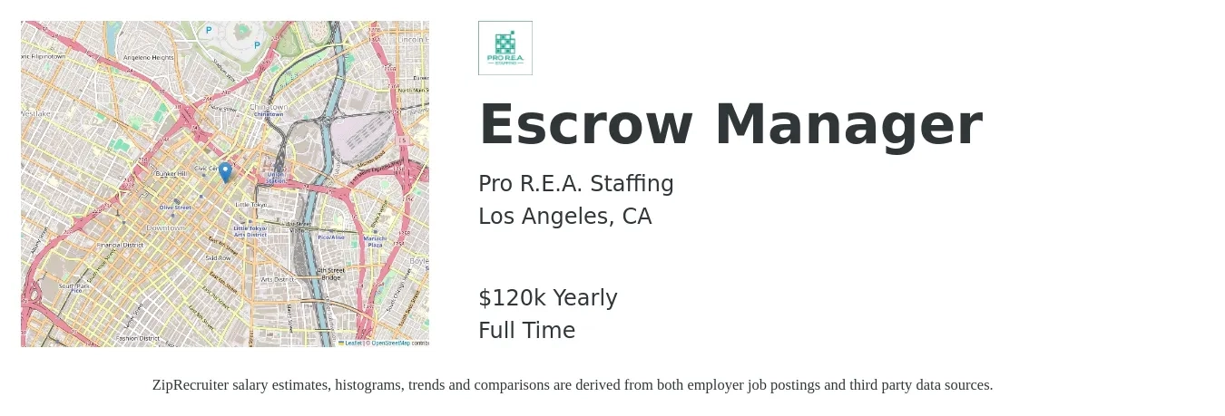 Pro R.E.A. Staffing job posting for a Escrow Manager in Los Angeles, CA with a salary of $120,000 Yearly with a map of Los Angeles location.