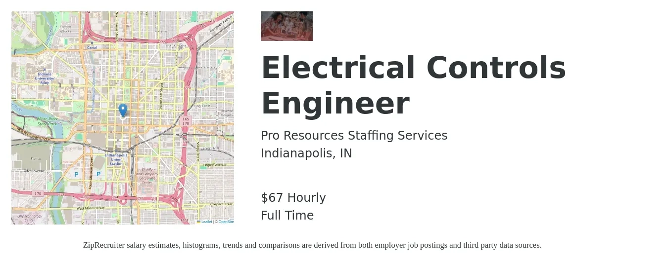 Pro Resources Staffing Services job posting for a Electrical Controls Engineer in Indianapolis, IN with a salary of $70 Hourly with a map of Indianapolis location.
