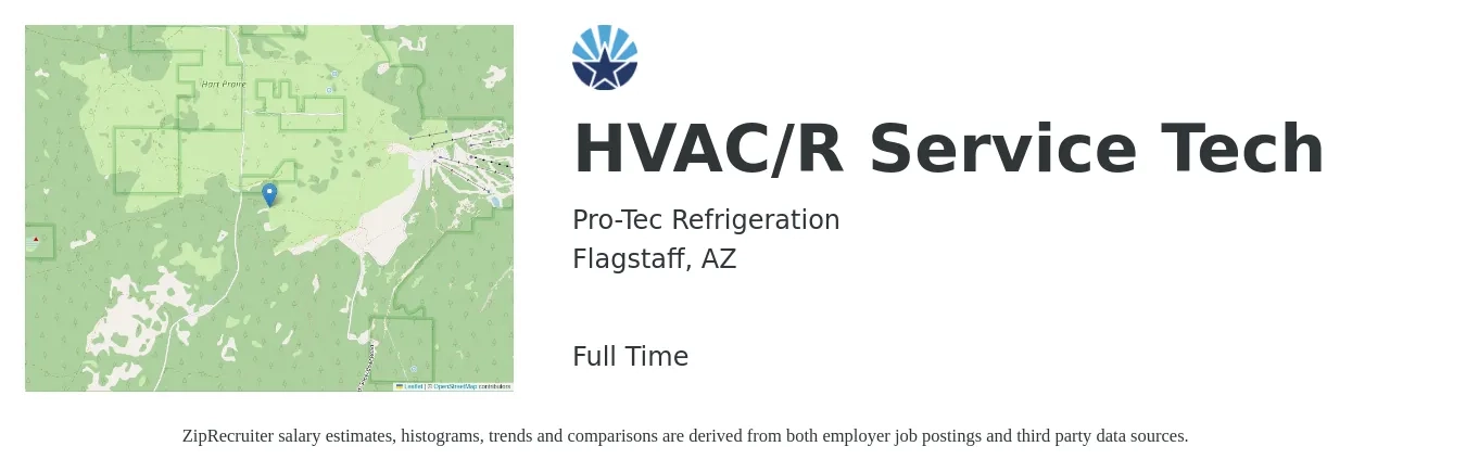 Pro-Tec Refrigeration job posting for a HVAC/R Service Tech in Flagstaff, AZ with a salary of $25 to $35 Hourly with a map of Flagstaff location.
