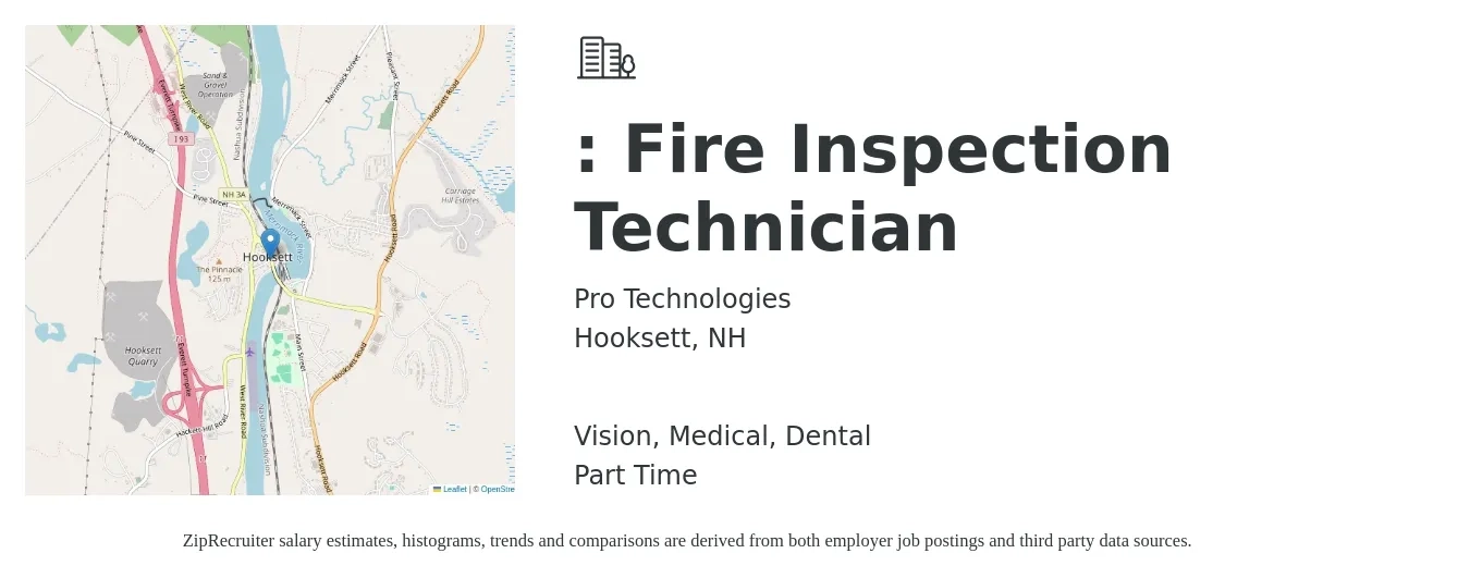 Pro Technologies job posting for a : Fire Inspection Technician in Hooksett, NH with a salary of $51,400 to $71,700 Yearly and benefits including dental, medical, pto, retirement, and vision with a map of Hooksett location.