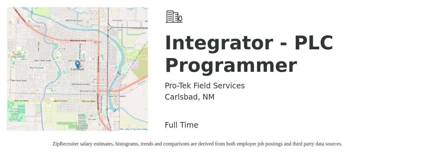 Pro-Tek Field Services job posting for a Integrator - PLC Programmer in Carlsbad, NM with a salary of $57,300 to $78,000 Yearly with a map of Carlsbad location.