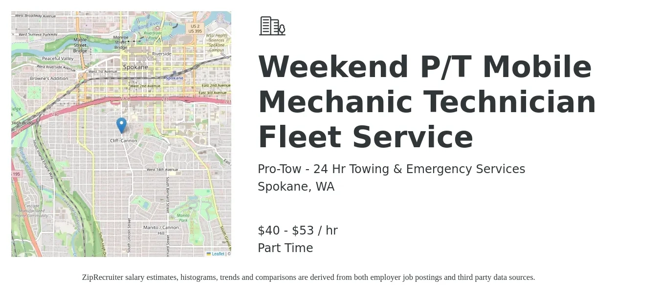 Pro-Tow - 24 Hr Towing & Emergency Services job posting for a Weekend P/T Mobile Mechanic Technician Fleet Service in Spokane, WA with a salary of $63 to $84 Hourly with a map of Spokane location.