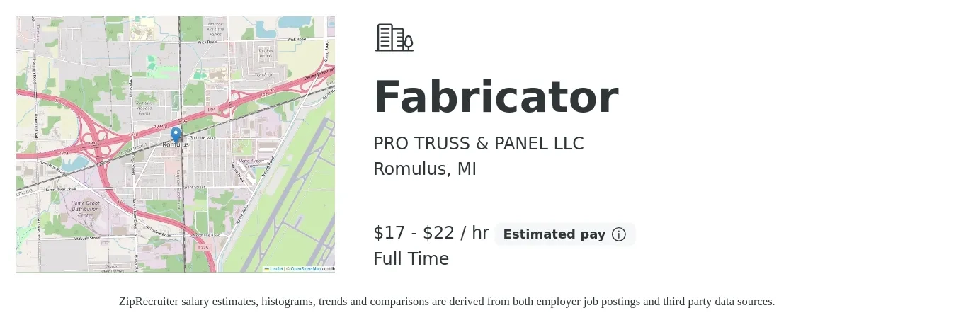 PRO TRUSS & PANEL LLC job posting for a Fabricator in Romulus, MI with a salary of $18 to $23 Hourly with a map of Romulus location.