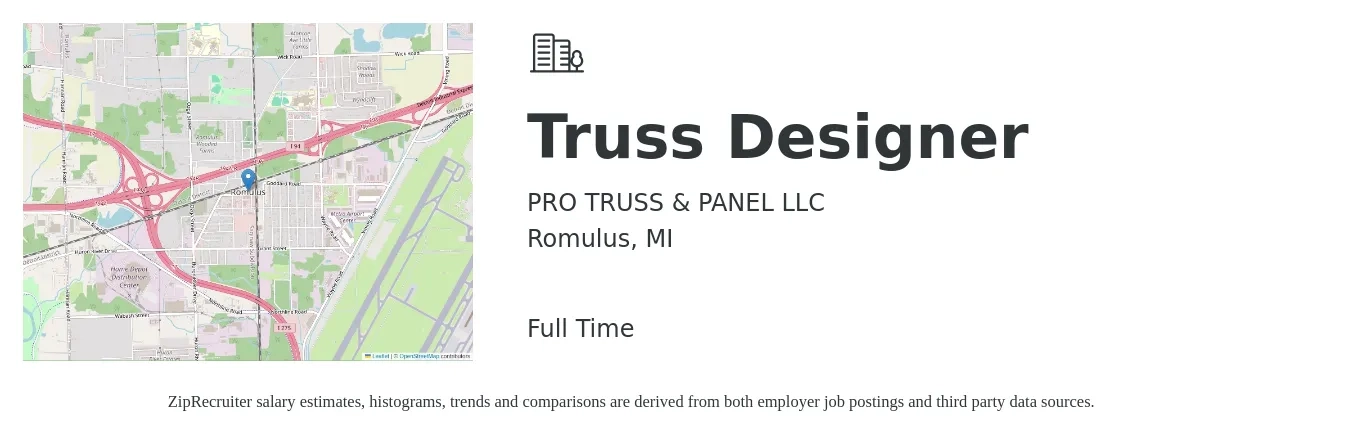 PRO TRUSS & PANEL LLC job posting for a Truss Designer in Romulus, MI with a salary of $49,100 to $75,100 Yearly with a map of Romulus location.