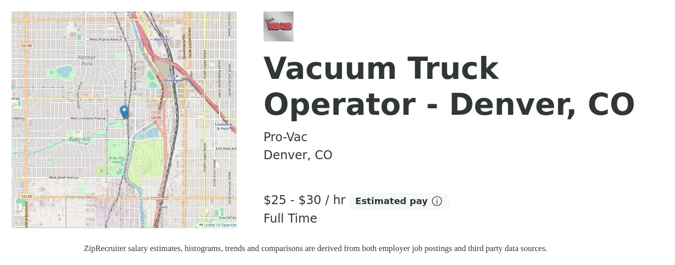 Pro-Vac job posting for a Vacuum Truck Operator - Denver, CO in Denver, CO with a salary of $27 to $32 Hourly with a map of Denver location.
