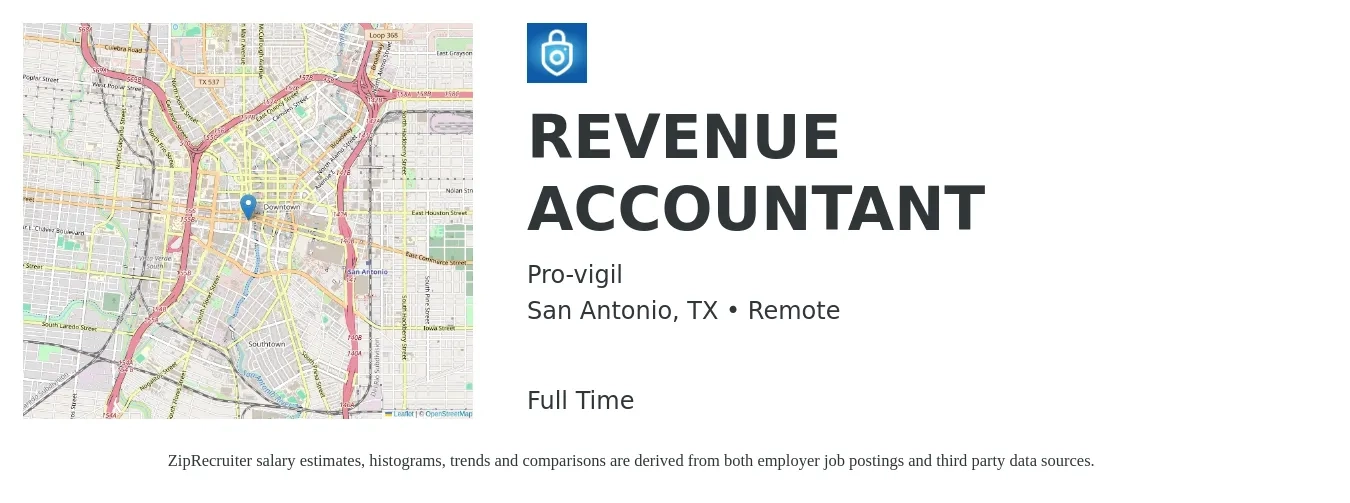 Pro-vigil job posting for a REVENUE ACCOUNTANT in San Antonio, TX with a salary of $57,200 to $80,400 Yearly with a map of San Antonio location.